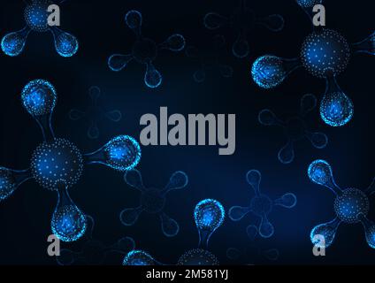 Futuristico 3D atomi, molecole sfondo astratto scientifico su blu scuro. Struttura a reticolo poligonale a basso contenuto luminoso. Illustrazione vettoriale. Illustrazione Vettoriale