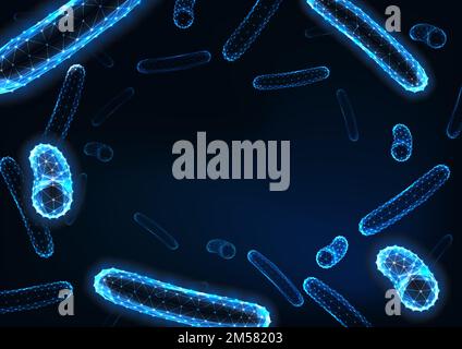 Futuristico basso batterio poligonale sfondo bacilli con spazio per il testo su blu scuro. Sanità, concetto di ricerca di infezione batterica. Moderno wireless Illustrazione Vettoriale