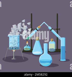 Apparecchiature chimiche ed esperimenti sfondo astratto su viola. Concetto di chimica. Illustrazione vettoriale del cartone animato in stile piatto. Illustrazione Vettoriale