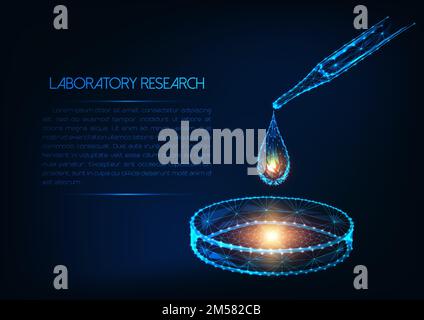 Concetto futuristico di ricerca di laboratorio con gocce di liquido per pipette poligonali a bassa luminosità e capsula di Petri e spazio di copia per testo su sfondo blu scuro. Illustrazione Vettoriale