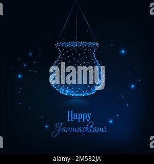 Felice Janmashtami, festa indiana dhi handi celebrazione biglietto di auguri modello. Futuristico sfondo basso poligonale blu scuro. Design moderno Illustrazione Vettoriale
