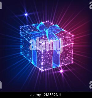Futuristico luminoso basso poligonale scatola regalo con arco a nastro e raggi luminosi e stelle isolate su sfondo blu scuro e viola. Sorpresa, compleanno o. Illustrazione Vettoriale