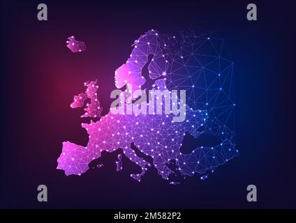 Mappa futuristica del continente europeo poligonale bassa e luminosa composta da linee, stelle, punti, triangoli isolati su sfondo blu scuro e viola. Connessione di rete Illustrazione Vettoriale