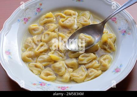 Piatto di tortellini fatti a mano, piatto principale tipico italiano dell'Emilia Romagna, tradizione gastronomica modenese Foto Stock