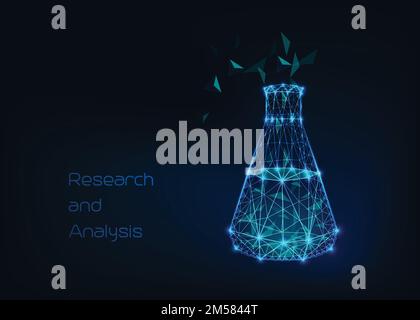 Background scientifico con becher a bassa struttura a reticolo, provetta e composto astratto a struttura tetraedrica. Concetto di scienza del futuro. Poligonale vettoriale Illustrazione Vettoriale