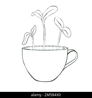 Germogli di microgreen in tazza. Cibo biologico naturale, illustrazione disegnata a mano isolata su sfondo bianco Foto Stock