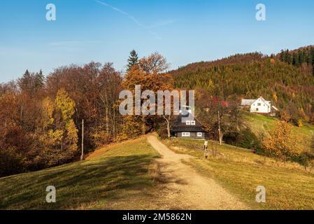 Bellissima giornata autunnale sulle montagne di Slezske Beskydy nella repubblica Ceca Foto Stock