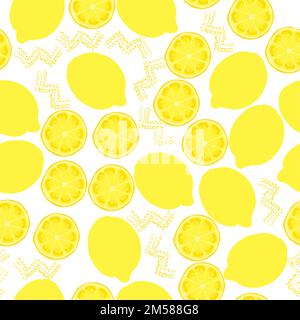 Modello senza cuciture con design a limone intero e design a limone tritato; design a limoni gialli e doodle e colorato vettore sfondo bianco Illustrazione Vettoriale