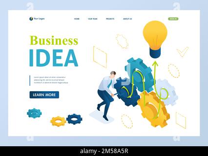 L'imprenditore sviluppa un'idea di affari gira gli ingranaggi. Concetto di creazione di un'idea di business. 3d isometrico. Concetti di landing page e web design. Illustrazione Vettoriale