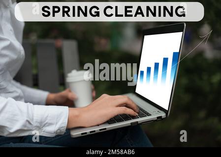 Didascalia di testo che presenta Spring Cleaning. Parola per pratica di pulizia completa della casa in primavera Foto Stock