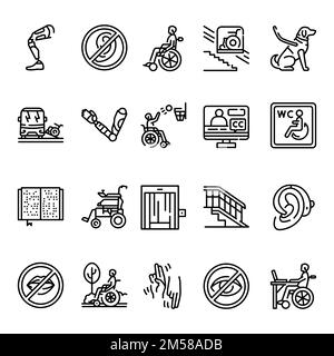 Set di icone delle linee di disabilità. Elemento vettoriale isolato. Pittogrammi di contorno per pagina web, app mobile, promo. Tratto modificabile. Illustrazione Vettoriale