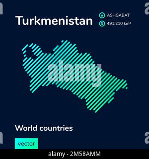 Vettore creativo digitale neon linea piatta arte astratta semplice mappa del Turkmenistan con verde, menta, turchese a righe texture su sfondo blu scuro. Ed Illustrazione Vettoriale