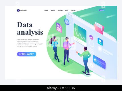 I giovani isometrici stanno in piedi e analizzano i dati sullo schermo del tablet. Pagina di destinazione del modello. Illustrazione Vettoriale