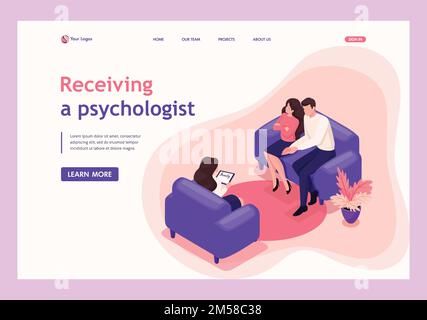 Coniugi isometrici all'accoglienza dello psicologo, conflitto in famiglia. Landing page modello sito Web. Illustrazione Vettoriale