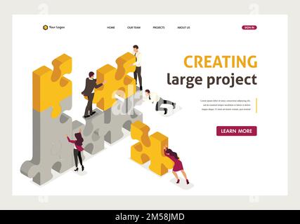 Il team isometrico lavora insieme per creare un progetto, uomini d'affari. Landing page modello sito Web. Illustrazione Vettoriale