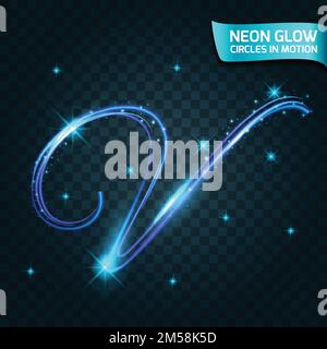 Neon Glow linea in movimento bordi sfocati, lettere al neon lampeggiante, bagliore magico, vacanza design colorato. Gli anelli luminosi astratti rallentano la velocità dell'otturatore di Illustrazione Vettoriale