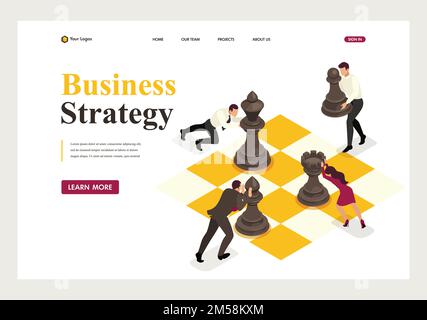 Concetto isometrico pianificazione strategica del business, lavoro di squadra. Landing page modello sito Web. Illustrazione Vettoriale