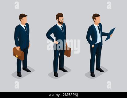 Persone di qualità isometrica con lo studio dei dettagli. Imposta la pettinatura, la barba, i baffi aziendali. Lo stile dell'uomo d'affari moderno. Vettore illu Illustrazione Vettoriale