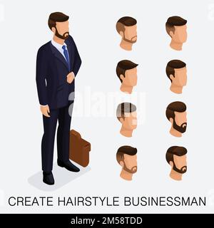 Trendy isometric set 11, studio qualitativo, un set di acconciature maschili, stile hipster. Styling moda, barba, baffi. Lo stile del giovane autobus di oggi Illustrazione Vettoriale