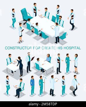 Uomini d'affari isometrici set per creare le sue illustrazioni consultazione in ospedale, medici, infermieri, chirurghi 3D personale medico isolato su una luce Illustrazione Vettoriale