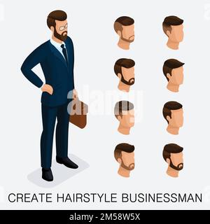 Trendy isometric set 1, studio qualitativo, un set di acconciature maschili, stile hipster. Styling moda, barba, baffi. Lo stile dei giovani busi di oggi Illustrazione Vettoriale