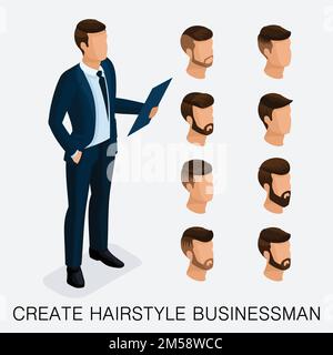 Trendy isometric set 2, studio qualitativo, un set di acconciature maschili, stile hipster. Styling moda, barba, baffi. Lo stile dei giovani busi di oggi Illustrazione Vettoriale