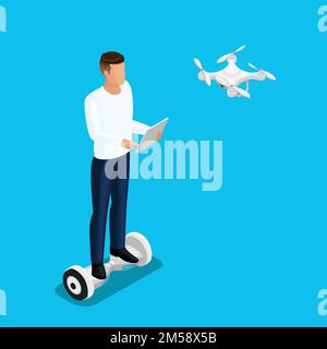 I droni isometrici, un uomo che gioca a un gioco, il quadricottero 3D, volano sulla radio. Fotocamera drone per le riprese. Illustrazione vettoriale. Illustrazione Vettoriale