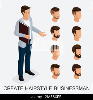 Trendy isometric set 3, studio qualitativo, un set di acconciature maschili, stile hipster. Styling moda, barba, baffi. Lo stile dei giovani busi di oggi Illustrazione Vettoriale