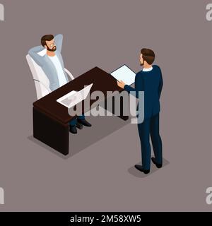 Persone isometriche uomini d'affari isometrici incontro di negoziazione di affari, problem solving, mobili per ufficio, uomini d'affari risolvere un problema su una parte posteriore oscura Illustrazione Vettoriale