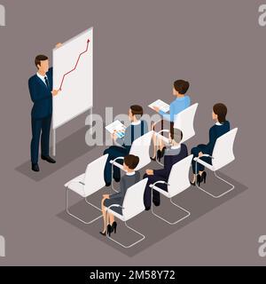 Persone isometriche, uomini d'affari 3D donna d'affari. Istruzione, formazione aziendale. Lavorare in ufficio, lavorare in ufficio su uno sfondo scuro. Illustrazione Vettoriale