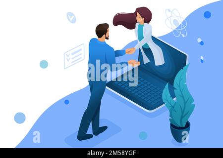 Conclusione del contratto per la consultazione on-line del medico. Concetto di assistenza sanitaria. concetto isometrico 3D per il web design. Illustrazione Vettoriale
