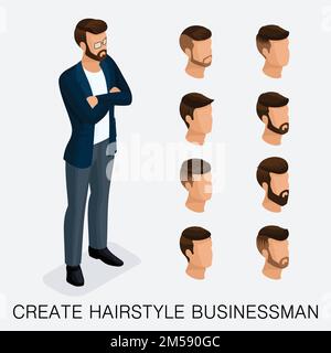 Trendy isometric set 10, studio qualitativo, un set di acconciature maschili, stile hipster. Styling moda, barba, baffi. Lo stile del giovane autobus di oggi Illustrazione Vettoriale