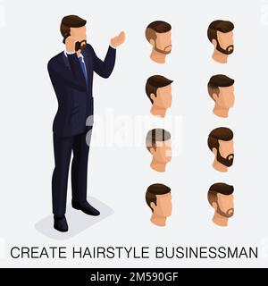 Trendy isometric set 5, studio qualitativo, un set di acconciature maschili, stile hipster. Styling moda, barba, baffi. Lo stile dei giovani busi di oggi Illustrazione Vettoriale