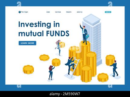 Gli imprenditori isometrici trasportano denaro a una società di investimento, uno strumento finanziario. Landing page del modello. Illustrazione Vettoriale