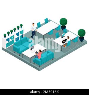 Concetto isometrico del centro di coworking. 3D persone che parlano, si riuniscono, lavorano in uno spazio aperto per un ufficio di una scrivania in una tecnica moderna. Creativo Illustrazione Vettoriale