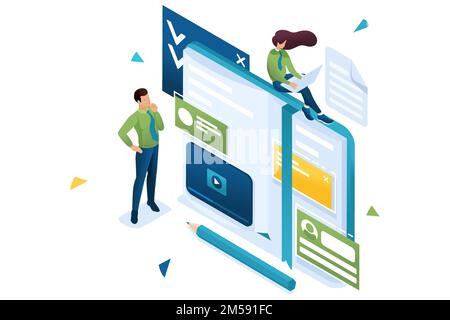 I giovani sono impegnati nell'autoeducazione e nella formazione online. Concetto di insegnare alle persone. 3d isometrico. Concetto di web design. Illustrazione Vettoriale