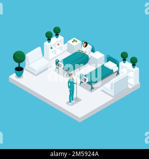 Icona isometrica di molti piani edificio ospedaliero, stanza, casa, paziente, personale ospedaliero, 3D infermiere con contagocce isolato. Illustrazione vettoriale. Illustrazione Vettoriale