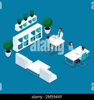 Persone isometriche alla moda, studio medico, il medico sta ricevendo pazienti, il chirurgo, il paziente sono isolati su uno sfondo chiaro. Illustrazione Vettoriale