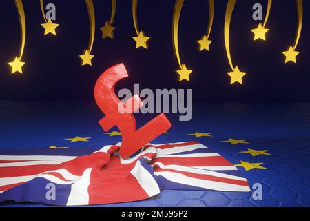 Simbolo di sterlina rossa e bandiera nazionale britannica su un pavimento dipinto con bandiera UE sullo sfondo di stelle in caduta. Illustrazione del concetto di Brexit Foto Stock