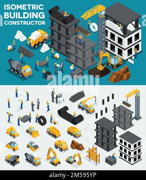 Progettare la vista isometrica dell'edificio, creare il proprio progetto, costruzione di edifici, scavo, attrezzature pesanti, autocarri, operai di costruzione, persone, unif Illustrazione Vettoriale