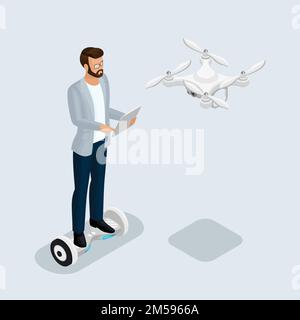 Isometric 3D persone, drone quadricottero, gioco sevremennaya, isometrics businessman. Unità di trasmissione GyroScooter. Su sfondo chiaro. Illustrazione vettoriale Illustrazione Vettoriale