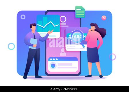 I giovani si trovano vicino allo schermo del telefono cellulare, testando il programma e l'applicazione mobile. Carattere piatto 2D. Concetto di web design. Illustrazione Vettoriale