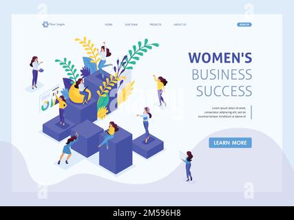 Concetto isometrico carriera scala per le donne, successo in grande impresa. La signora di affari riesce. Landing page modello sito Web. Illustrazione Vettoriale