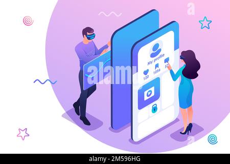 Concetto isometrico i giovani in occhiali virtuali stanno testando un'applicazione mobile per la realtà alternativa e i social network. Concetto di web design Illustrazione Vettoriale