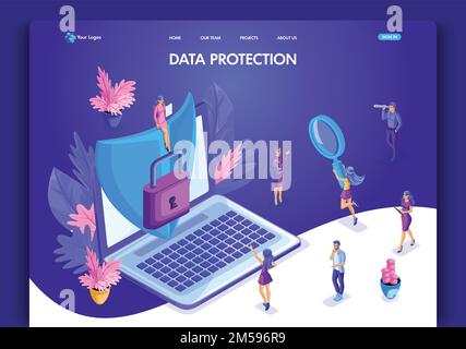 Disegno di modello di Web site. Concetto isometrico protezione dei dati. Pagina di destinazione Web design. Facile da modificare e personalizzare. Illustrazione Vettoriale