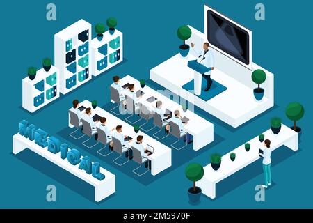 Isometria qualitativa uno studio dettagliato dei caratteri. Personale medico, medici, chirurghi al forum, di pubblico parlare. Concetto per pubblicità e presezioni Illustrazione Vettoriale