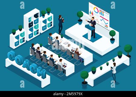 Dati isometrici di qualità, 3D personaggi, persone d'affari alla conferenza, coaching. Ottimo concetto di pubblicità e premi. Illustrazione Vettoriale