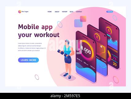 Concetto isometrico l'app mobile tiene traccia della formazione di una persona. Allenamento atletico, allenamento con pesi. Modello di landing page per il sito. Illustrazione Vettoriale