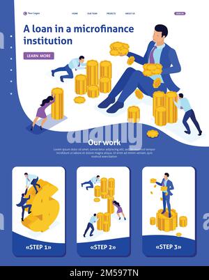 Sito web isometrico modello Landing page organizzazione di microfinanza, grande imprenditore che detiene un sacco di soldi. Adattivo 3D. Illustrazione Vettoriale