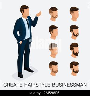 Trendy isometric set 8, studio qualitativo, un set di acconciature maschili, stile hipster. Styling moda, barba, baffi. Lo stile dei giovani busi di oggi Illustrazione Vettoriale